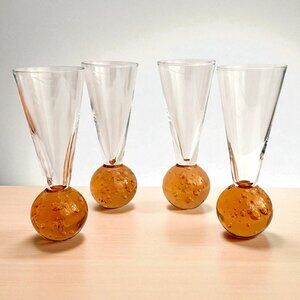 Vintage Set of 4 Hand Blown Cordial Glasses Bubbles Ball Bottom Amber Colour